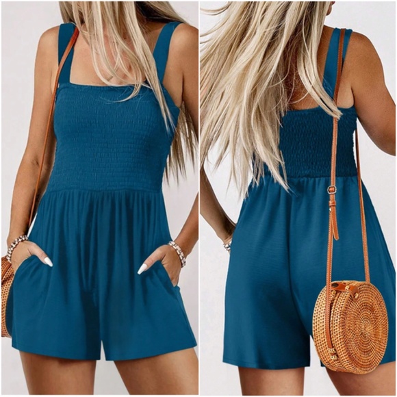 Boho Smocked Bodice Pockets Cami Solid Romper - Picture 2 of 7